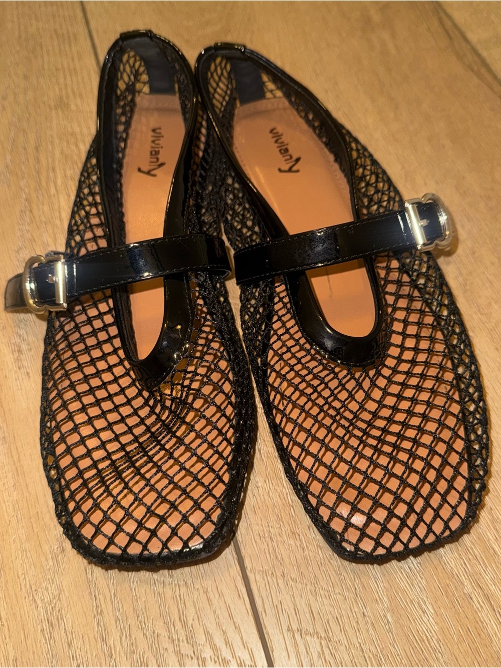 Vivianly Black Mesh Mary Jane Loafers with Silver Buckles